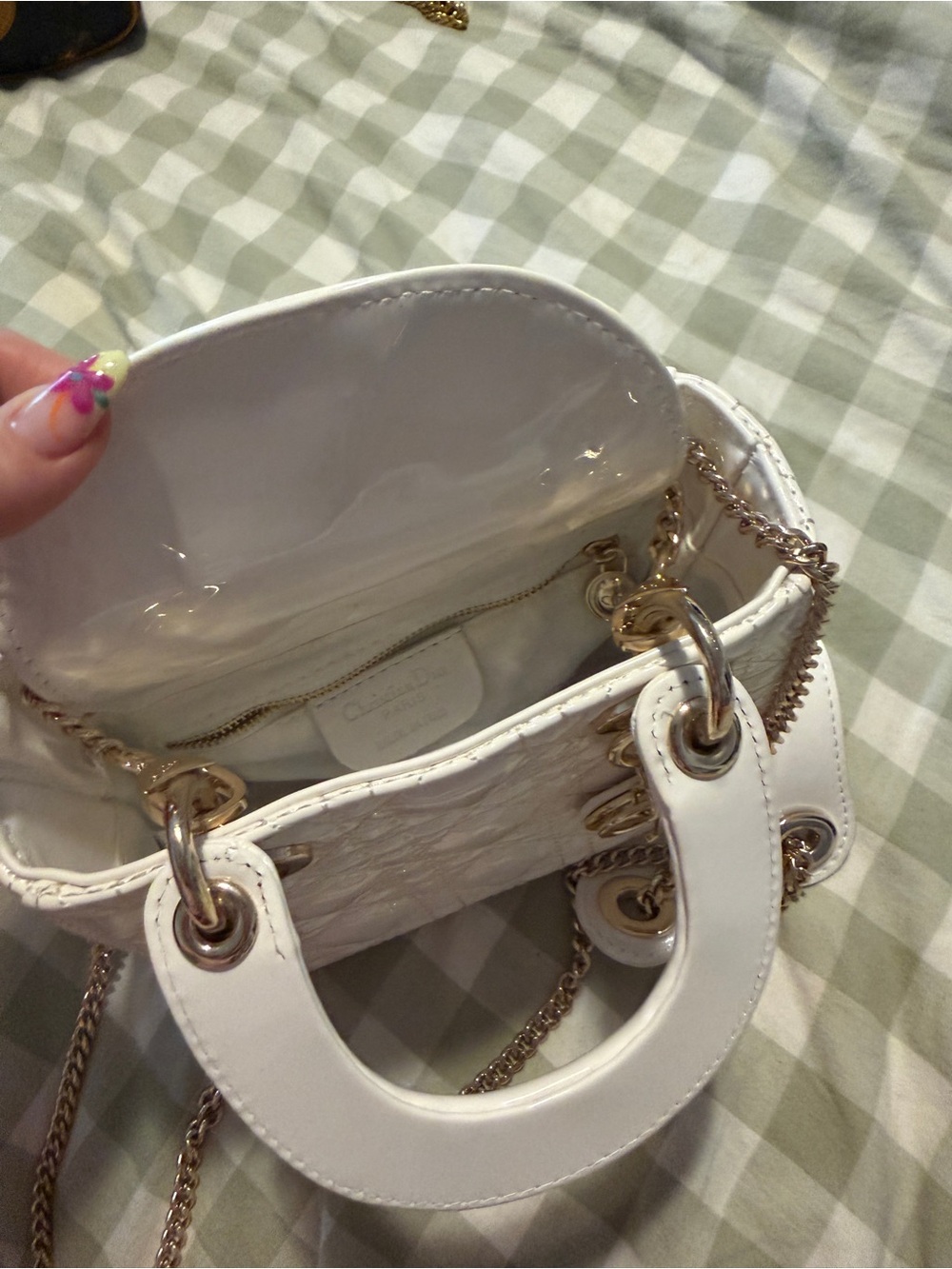 Designer inspired White Quilted Mini Tote Bag with Gold Hardware - Picture 5 of 11